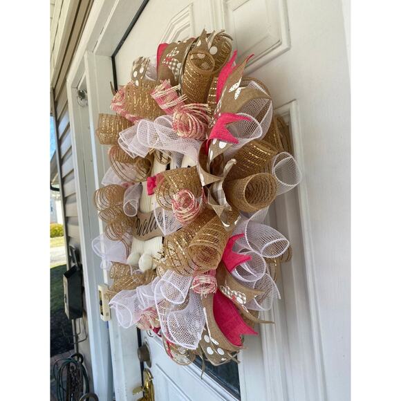 Welcome Bunnies Burlap Buffalo Check Easter Spring Deco Mesh & Ribbon Wreath - Picture 3 of 11